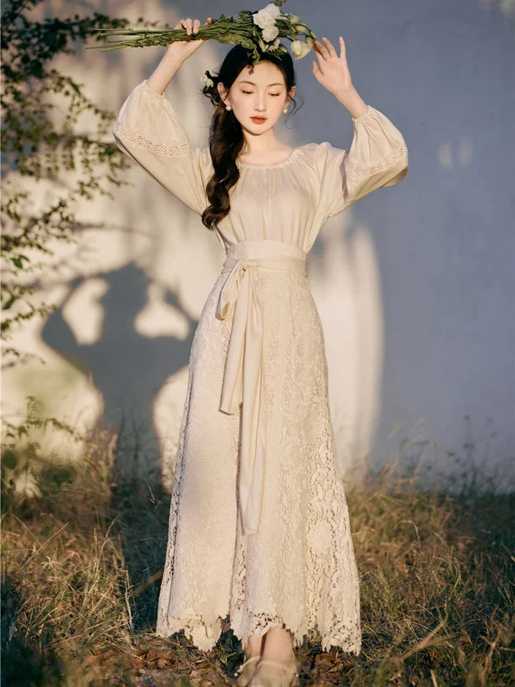Lotus Heart Romantic Lace Cottagecore Dress Set