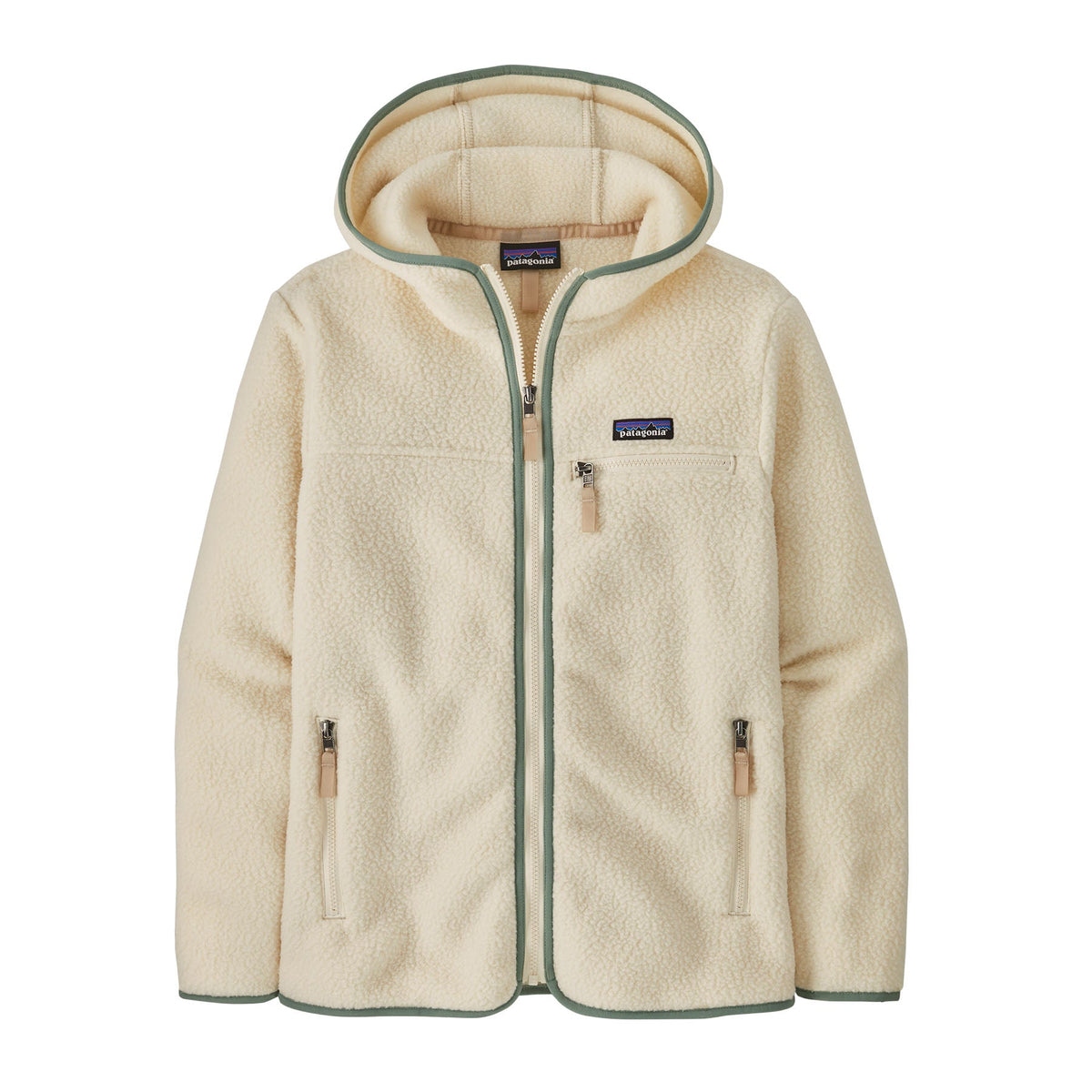 Patagonia Women's Retro Pile Fleece Hoody in Natural w/ Ellwood Green