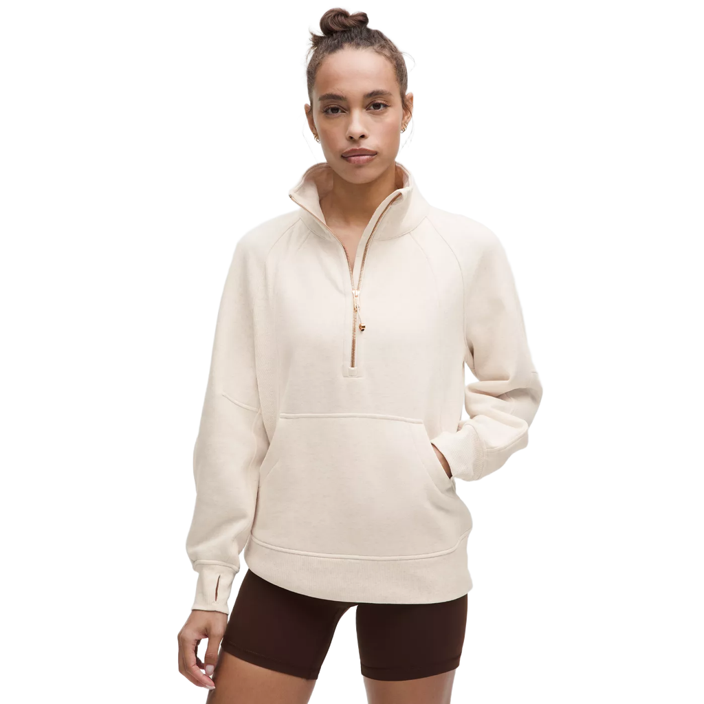 Lululemon Women's Scuba Oversized Funnel-Neck Half Zip Long in Heathered Light Ivory/Gold